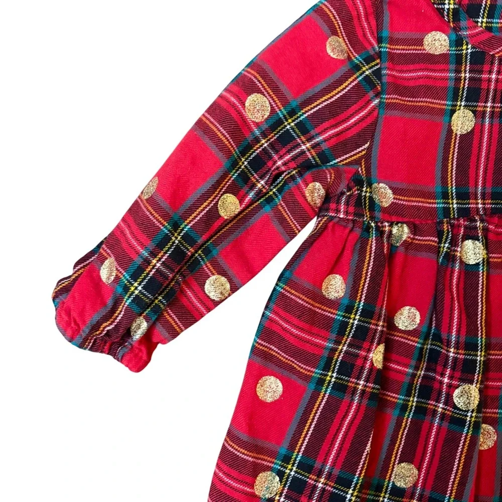 Old Navy Baby Girls Red Plaid Dress Gold Polka Dots Pleats Christmas Holiday 3-6